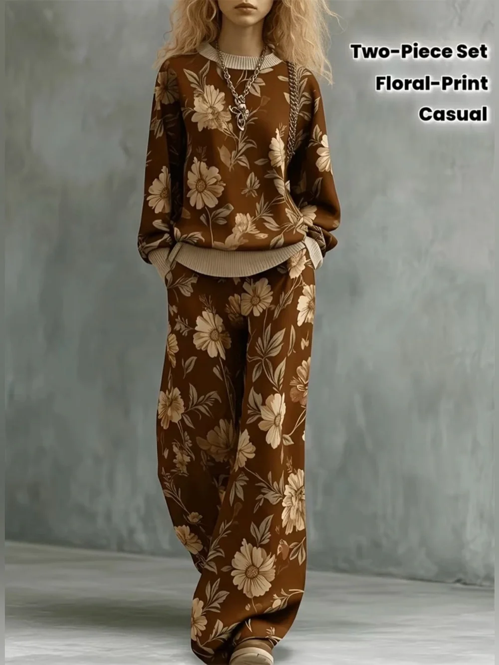 Retro Brown Floral Wide-Leg Pants + Top Set with pockets New Boutique loose fit - Picture 2 of 5